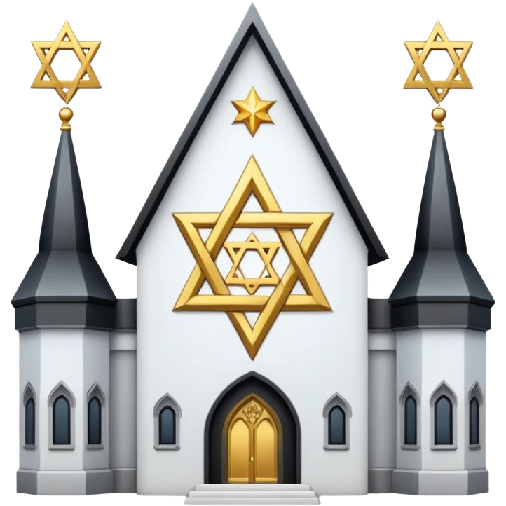 reform jewish synagogue similar in architecture to historical religious architecture in europe. the building should be white with silver/golden features, gothic architectural elements and star of david. no crosses. the emoji should be in ios emoji style. emoji