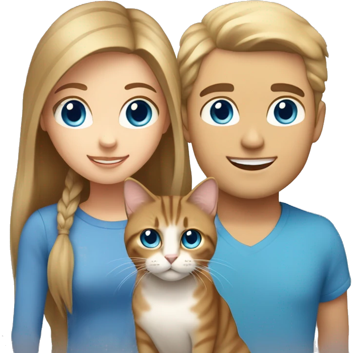 Long Brown hair girl with brown eyes, and blond white man, blue eyes holding tabby cat  emoji