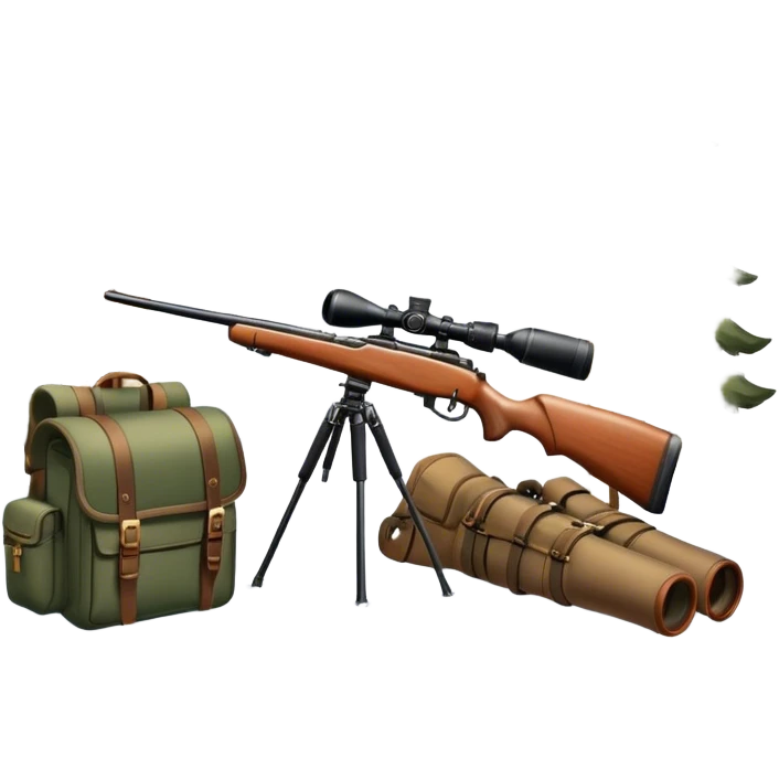 Icon for Hunting Tourism: a hunting rifle, binoculars, and animal tracks in the snow, with a forest background and a hunter’s backpack. The icon should represent the adventure and experience of hunting in nature. Transparent background. emoji