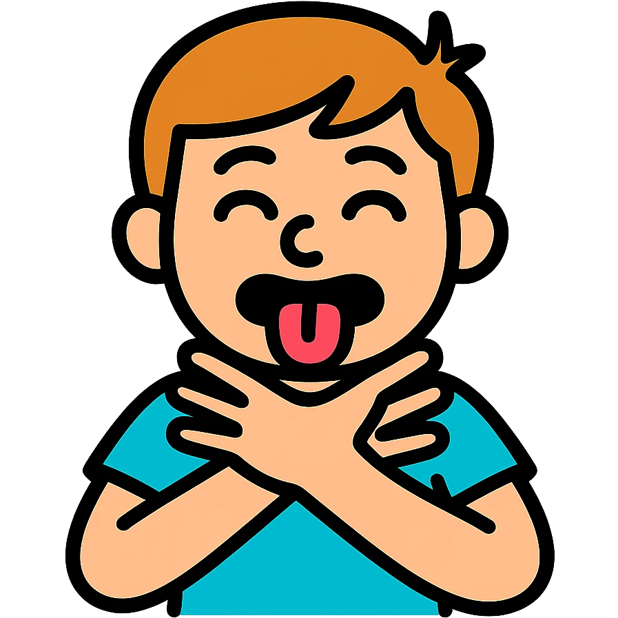 person pretending to choke themselves in a slapstick, exaggerated way, silly face, tongue out, comical hands on neck, vibrant colors emoji