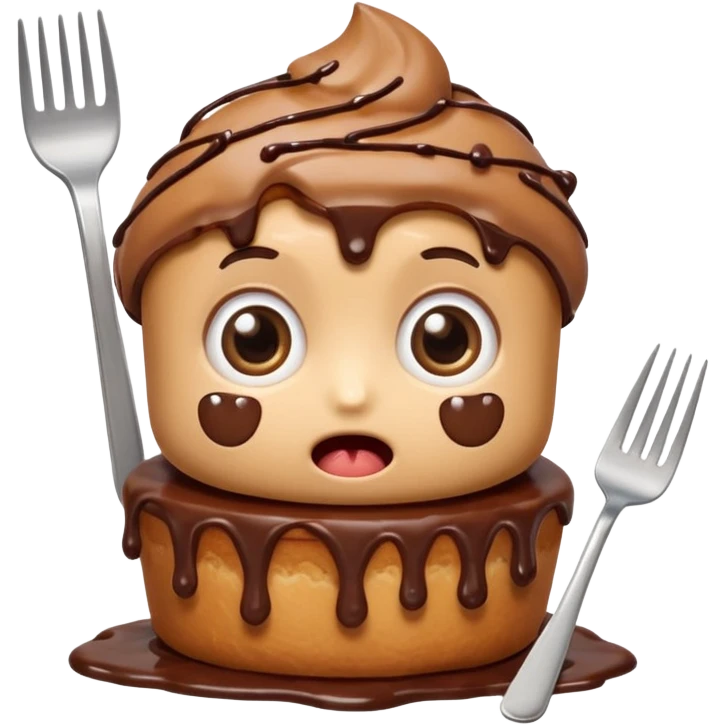 Funny cartoon chocolate mini pastry, holding tiny fork, wide shocked eyes, messy chocolate dripping, chibi style, Twitch emoji style, transparent background, colorful
 emoji