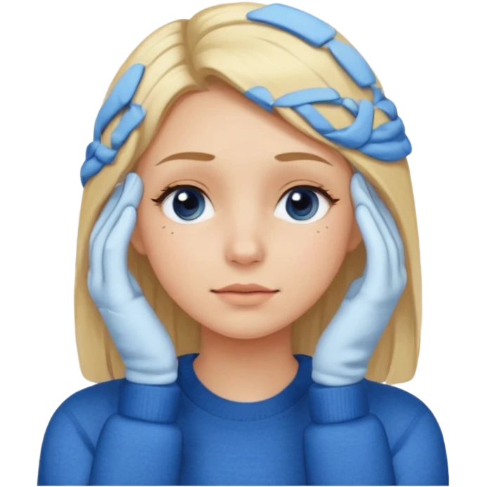 Girl massaging her head with blonde hair with anti-dark circles patches dressed in a blue sweater emoji