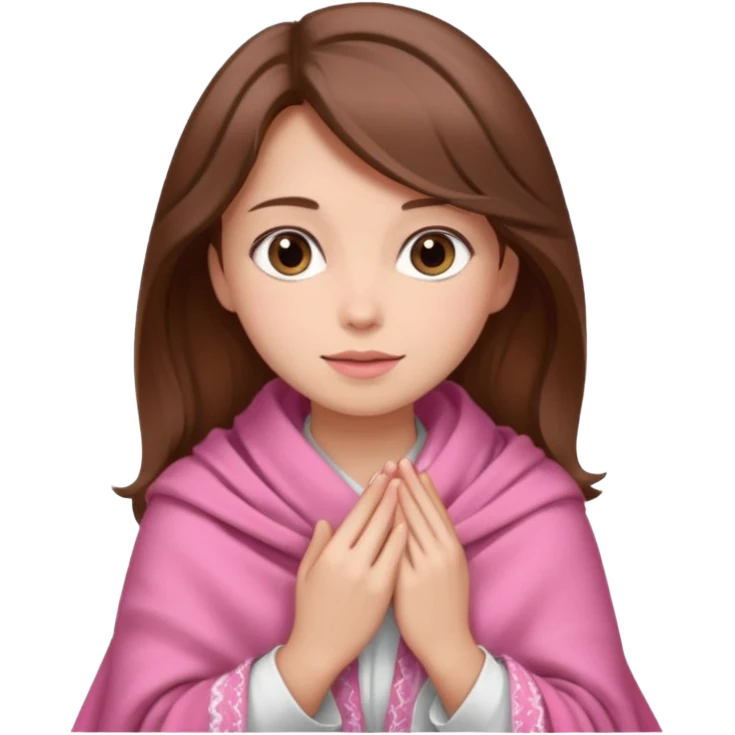 A girl with brown hair, wearing a pink shawl, has beautiful features and her hand rests on the shawl. emoji