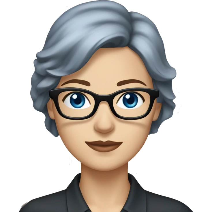 Caucasian woman with chin length choppy dark blue hair and grey-blue eyes wearing light grey square-shaped glasses and a black collared shirt emoji