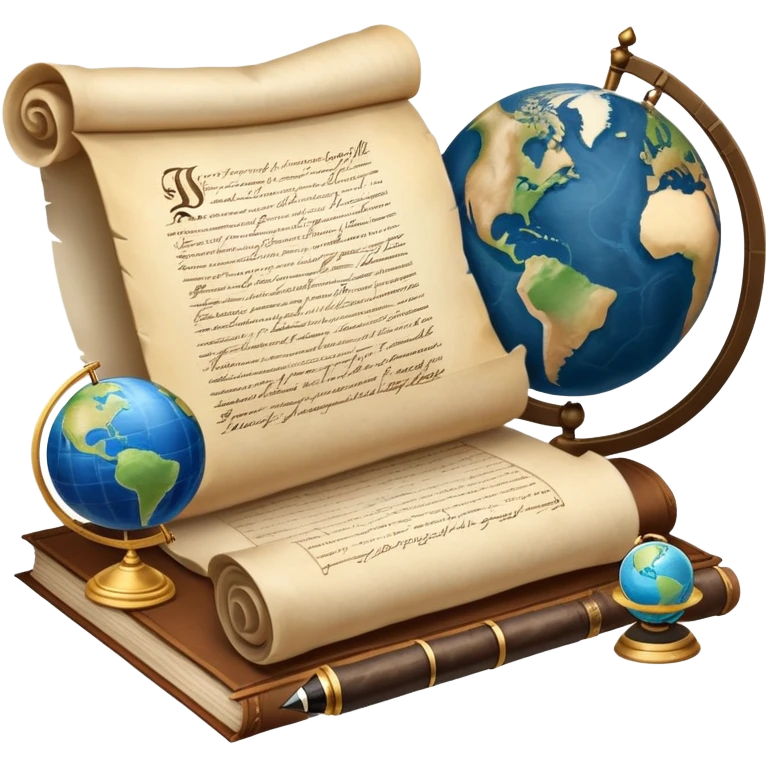 An icon featuring an ancient scroll, a quill pen, and a globe, symbolizing the study of history. The design includes a timeline with significant historical events, with ruins in the background to evoke past civilizations. Transparent background emphasizes the exploration of human history emoji