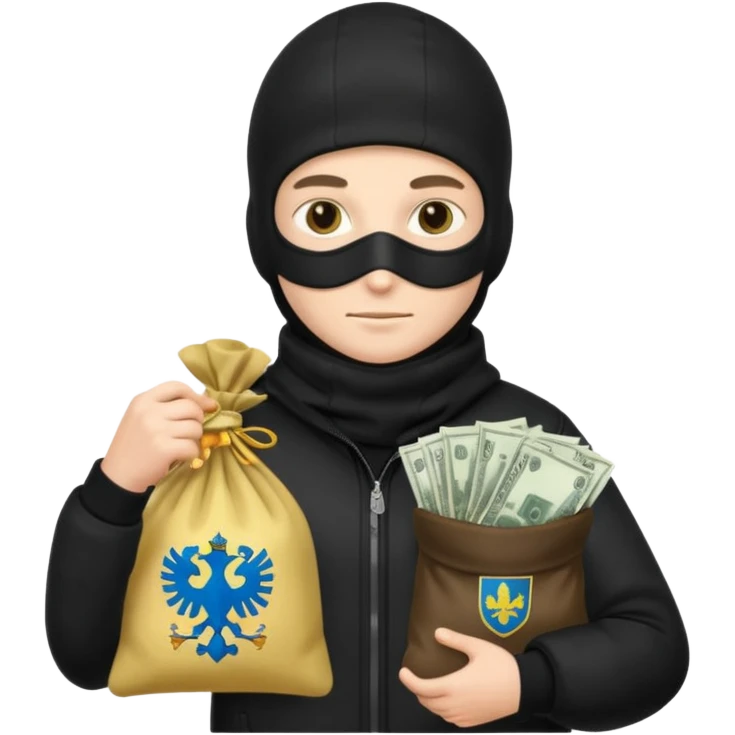 создай реалистичного белого украинца в черное одежде и черной балаклаве с большим мешком денег с  гербом страны на нем  emoji