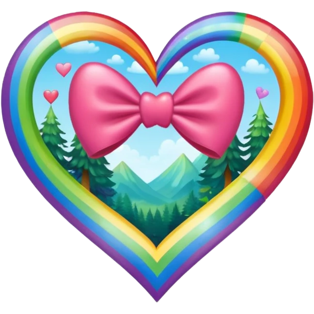 magical forest heart with rainbow bow and heart pattern on the bow emoji