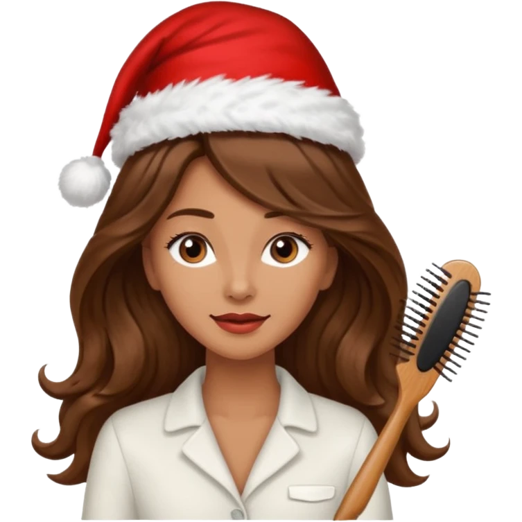 mujer peinandose en la peluqueria y con un gorro de navidad, cabello largo café y ondulado emoji