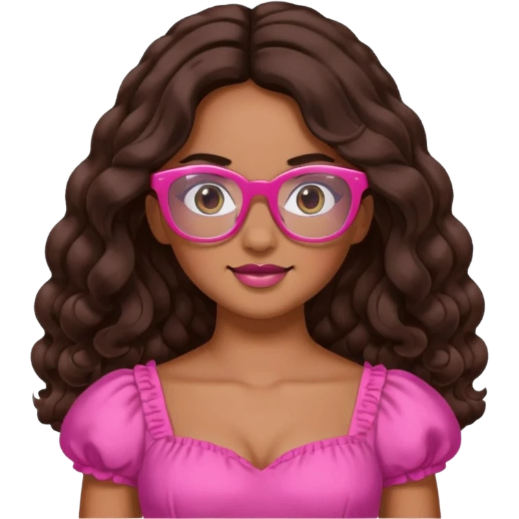 A princess with a pink poofy dress pink glasses a title tan skin dark brown long wavy hair and 11 years old and named Zara emoji