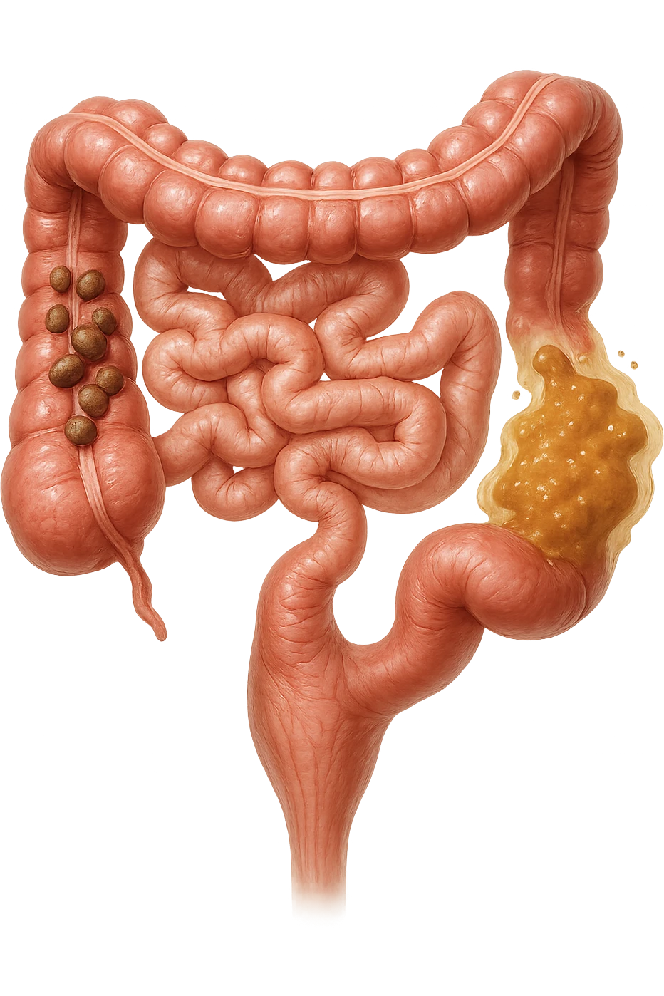 INTESTINO UMANO ANATOMICO REALISTICO CON FECI A PALLINE E FECI LIQUIDE CHE FLUTTUANO DIETRO BEN DISTINTE, IPERREALISTICO 4K emoji