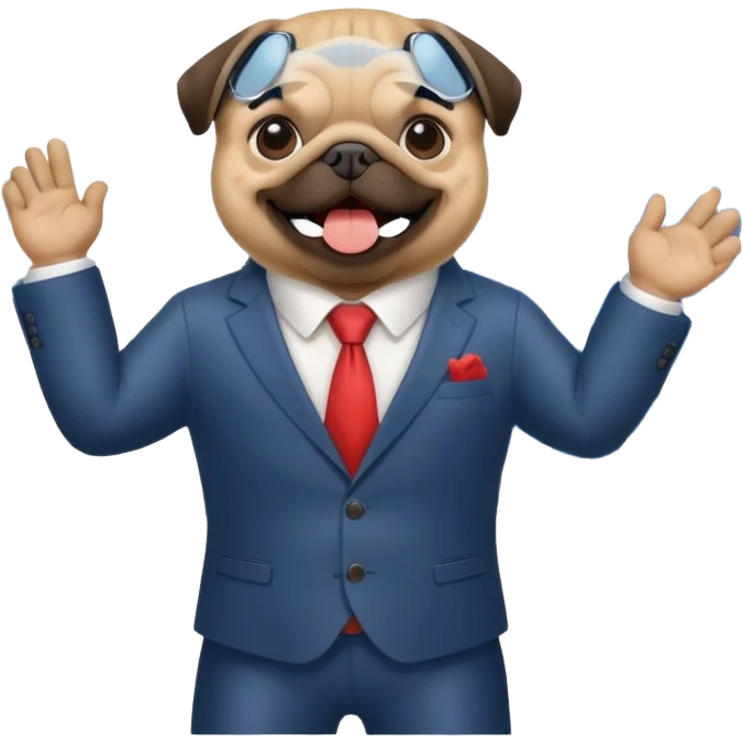 A pug in a suit in front of a stock chart with a rising trend emoji