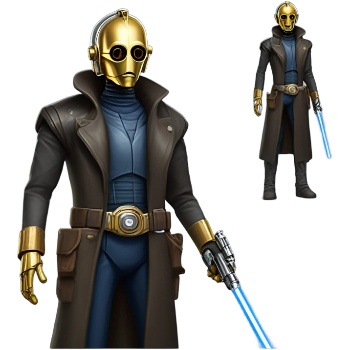 bounty hunter tarnished undercover tough well-equipped Jedi  life-sized darkblue-pearl C3po leather vest clothing pants and vest old west duster coat holding light saber sheriff emoji