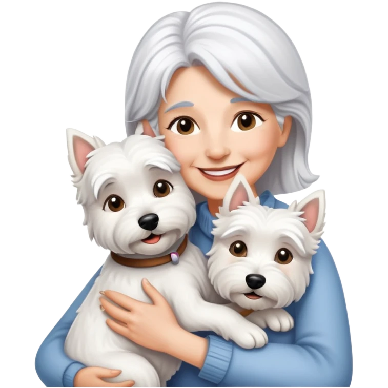 One silver-haired 60-ish lady smiling and hugging ONE westie dog emoji