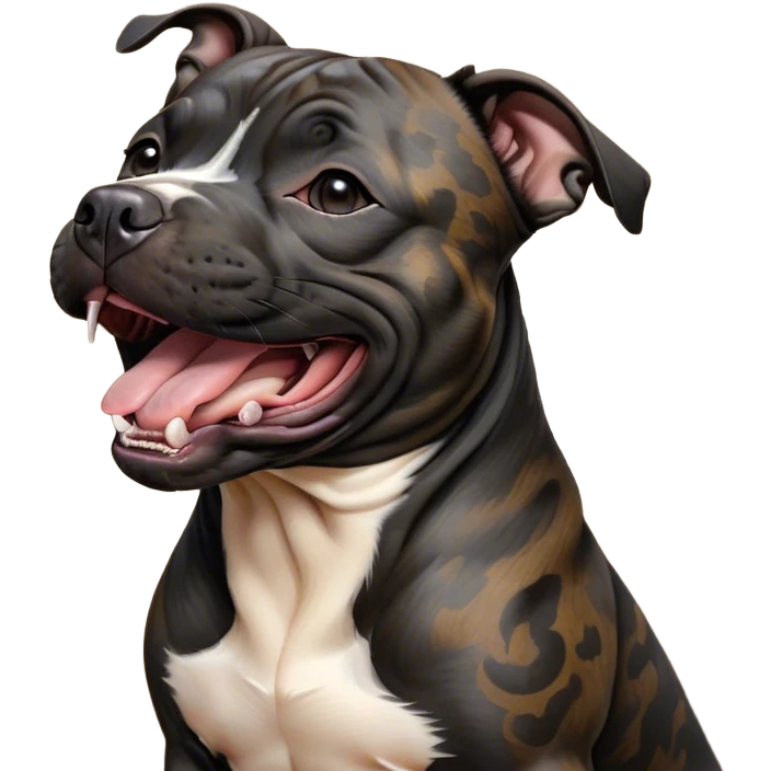 Cinematic Cute Yawning Black/Brindle Staffordshire Bull Terrier Portrait Emoji, Head tilted slightly with a dramatic, wide-open yawn, showcasing a smooth Fur with a striking black and brindle pattern, floppy ears slightly drooping, round dark eyes barely open in drowsy contentment, Simplified yet irresistibly adorable features, highly detailed, glowing with a soft, cozy glow, high shine, relaxed yet expressive, stylized with a touch of whimsy, bright and endearing, soft glowing outline, capturing the essence of a sleepy yet affectionate guardian, so drowsy it feels like it could stretch right out of the screen and curl up for a nap! emoji
