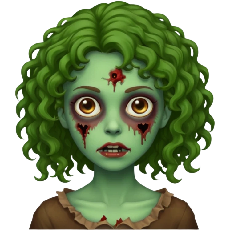 faça uma garota zombie, com a pele verde, cabelo castanho cacheado abaixo do ombro linda emoji