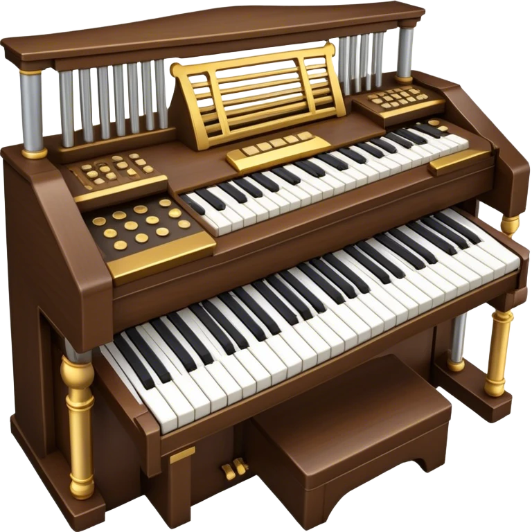 Create an elegant and majestic emoji representing a classical organ. The design should feature the grand pipes of the organ in the background, with visible details of the keys and pedalboard in the foreground. The pipes should be tall and impressive, with a mixture of gold, silver, and metallic shades to emphasize the grandeur of the instrument. The keyboard and pedals should be well-defined, capturing the intricate craftsmanship of the organ. Use dark wood tones and gold accents for the body of the instrument to give it a rich, historic feel. Add subtle musical notes around the organ to evoke its deep, resonant sound. The background should be transparent. emoji