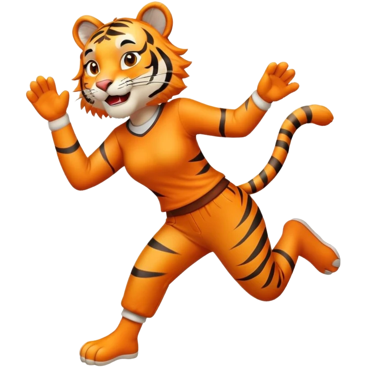 friendly anthropomorphised female tiger in a shirt and pants leaping, energetic pose emoji