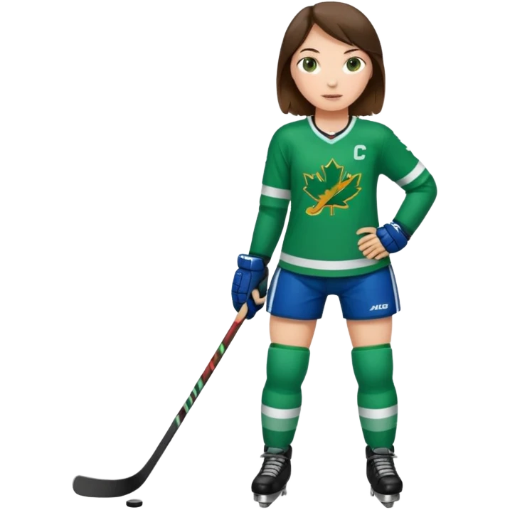 Girl hockey player full body with green jersey brunette emoji