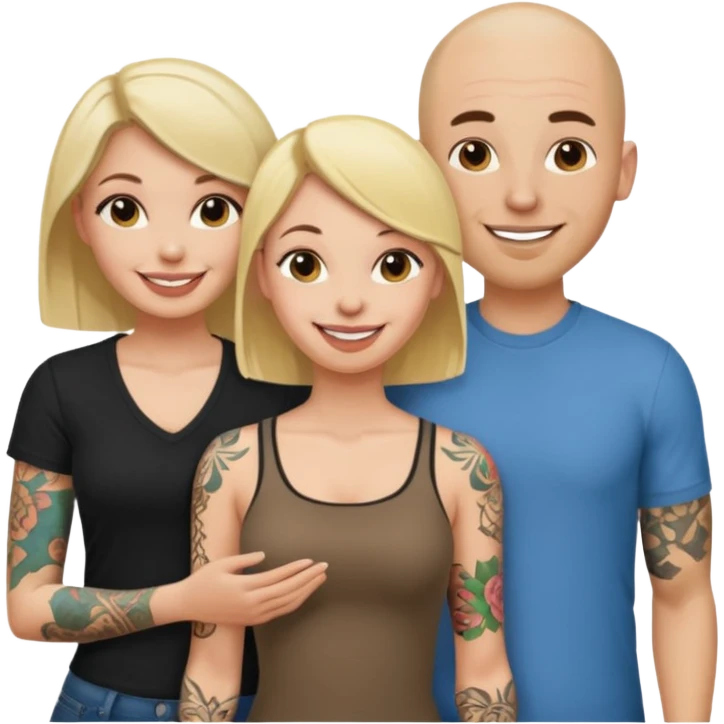 throuple blonde female brunette female with tatted bald male emoji