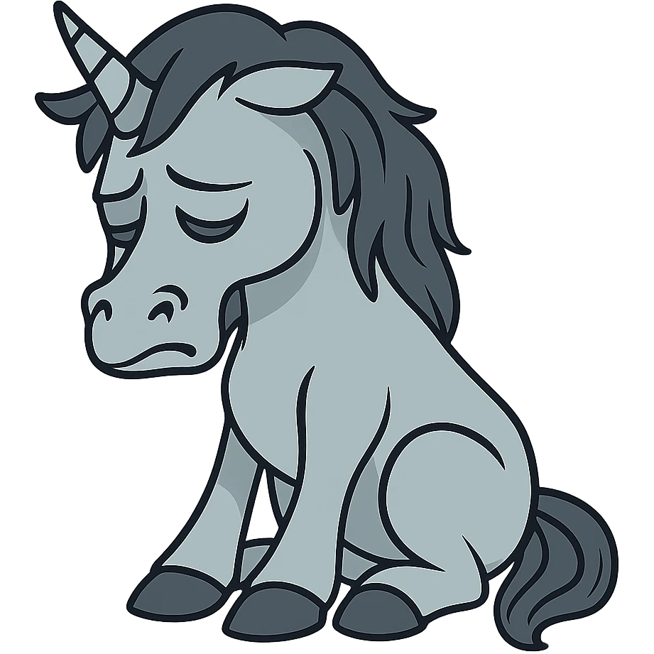 Remove the background, keep the sad unicorn with head down, blue and gray color palette, transparent background. emoji