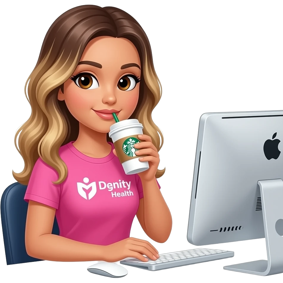 Woman drinking Starbucks coffee in Apple computer, balayage hair,  long hair. Brown eyes , round face, pink outfit, dignity health logo on shirt emoji