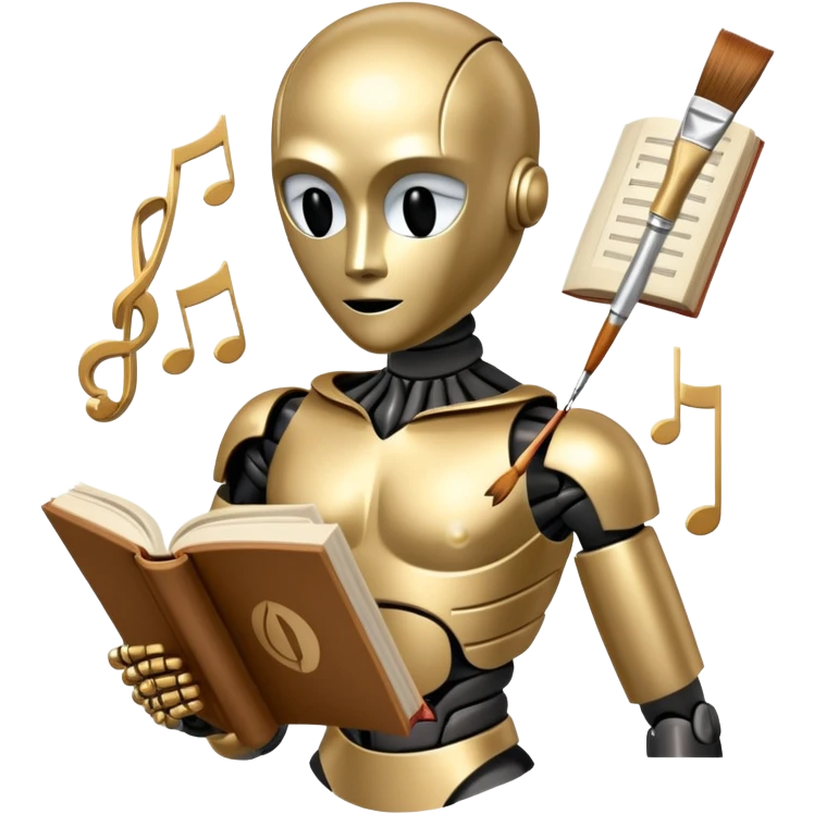 A metallic humanoid figure whose torso is a circle divided into 4 clear segments, each segment containing a distinct icon: paintbrush (visual arts), music note (musical arts), theater masks (theatrical arts), and an open book (literary arts) emoji