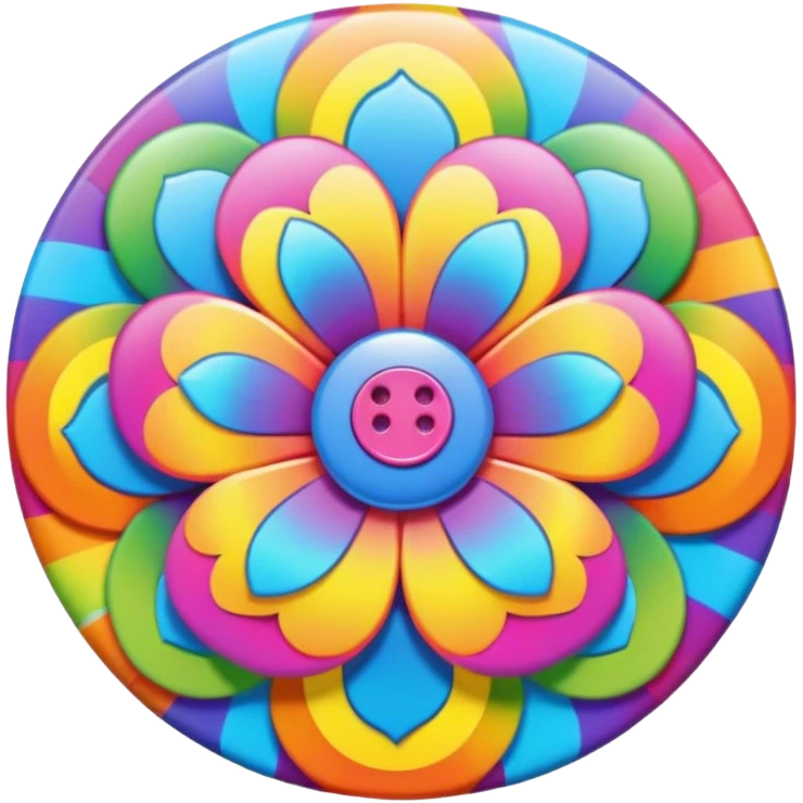 A round psychedelic colored button with rainbow colored hippie style flower border emoji