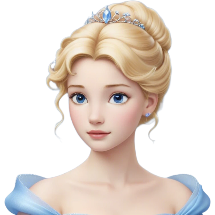 Cinematic Realistic Cinderella Portrait, depicted with lifelike skin texture, subtle rosy undertones, and soft natural lighting that enhances the gentle contours of her face. Her intricately detailed golden blonde hair is elegantly styled in an updo, with delicate wisps framing her face. Her deep, expressive blue eyes radiate warmth and sincerity, reflecting a quiet resilience and grace. She holds a glass slipper gently in one hand, her other hand resting gracefully at her side, emphasizing the timeless beauty of the moment. She is dressed in her iconic ball gown, the fabric shimmering with intricate embroidery and fine translucent layers that catch the light beautifully. The soft sheen of satin gloves adds a magical touch to her graceful pose. The portrait features an enchanting glow with a natural, luminous finish, seamlessly blending realism and fairytale charm to evoke a sense of depth, elegance, and timeless beauty. emoji