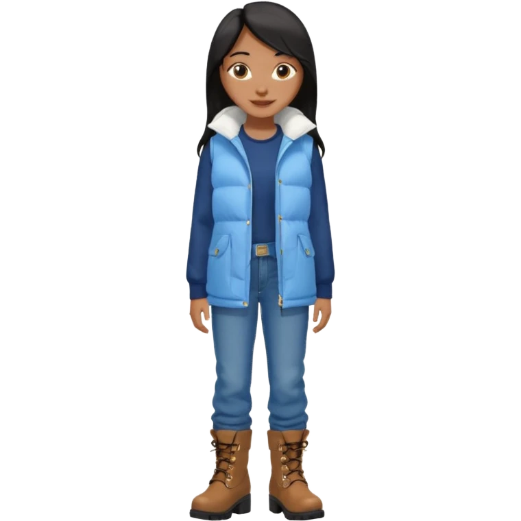 asin girl with black long slick backed hair wearing a dark blue long shirt and a puffy white sleeveless jacket on outside and light blue very baggy jeans with brown boots emoji