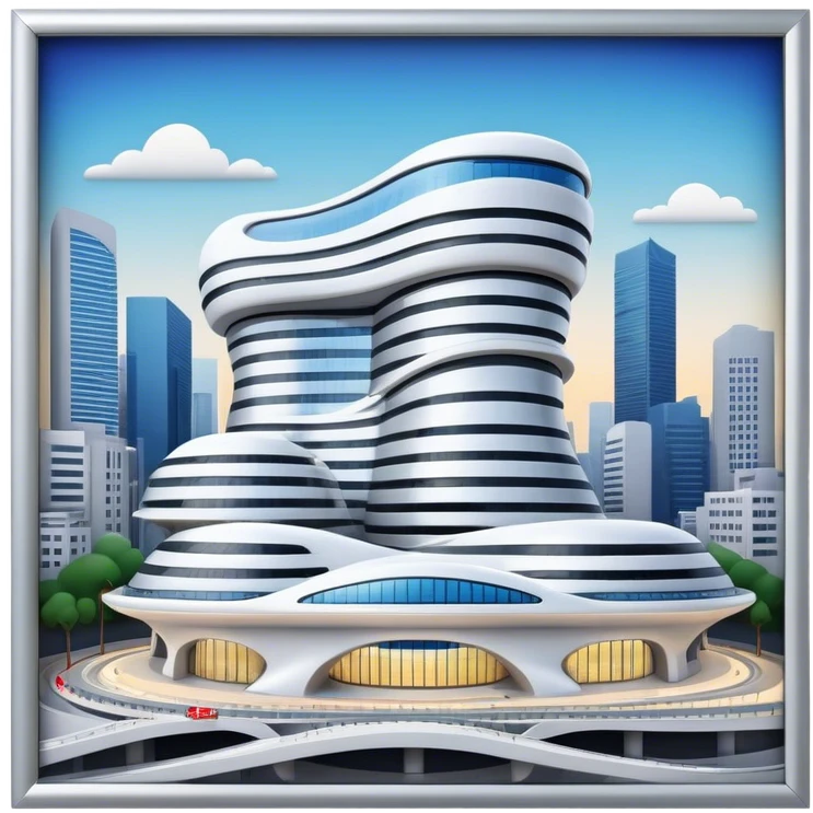 Realistic Dongdaemun Design Plaza (DDP) Landmark Emoji, featuring the iconic curving silver structure with futuristic architecture, illuminated pathways, and a sleek modern design set against the Seoul cityscape. emoji