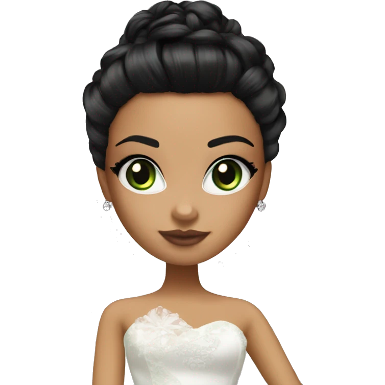 Bratz, bride, black updo hair, olive skin, green eyes emoji