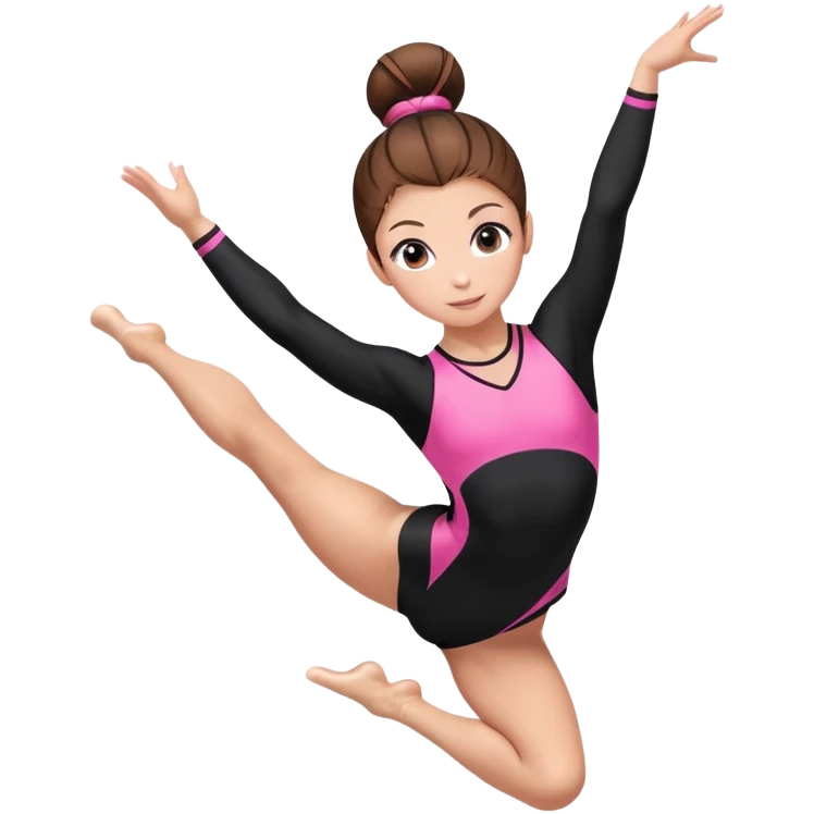 A female gymnast with brown hair in a neat bun, wearing a black uniform with pink elements, performing an acrobatic move. A female gymnast with brown hair in a neat bun, wearing a black uniform with pink elements, performing an acrobatic move. emoji