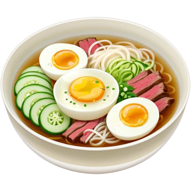 a bowl of Korean cold noodles (naengmyeon) with sliced egg, beef, cucumber, and radish in clear broth emoji