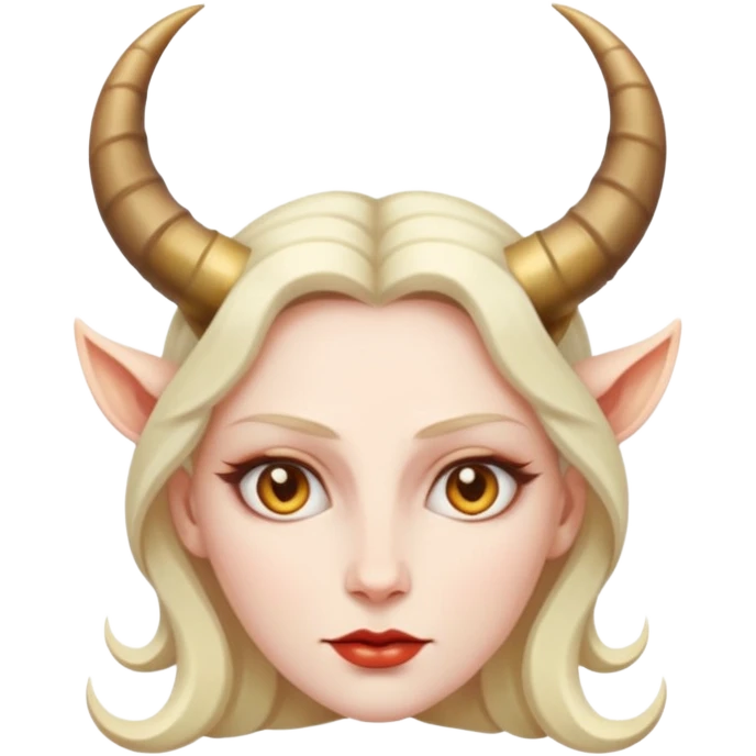 Woman with subtle horns, smooth skin and sharp gaze, divine corruption emoji