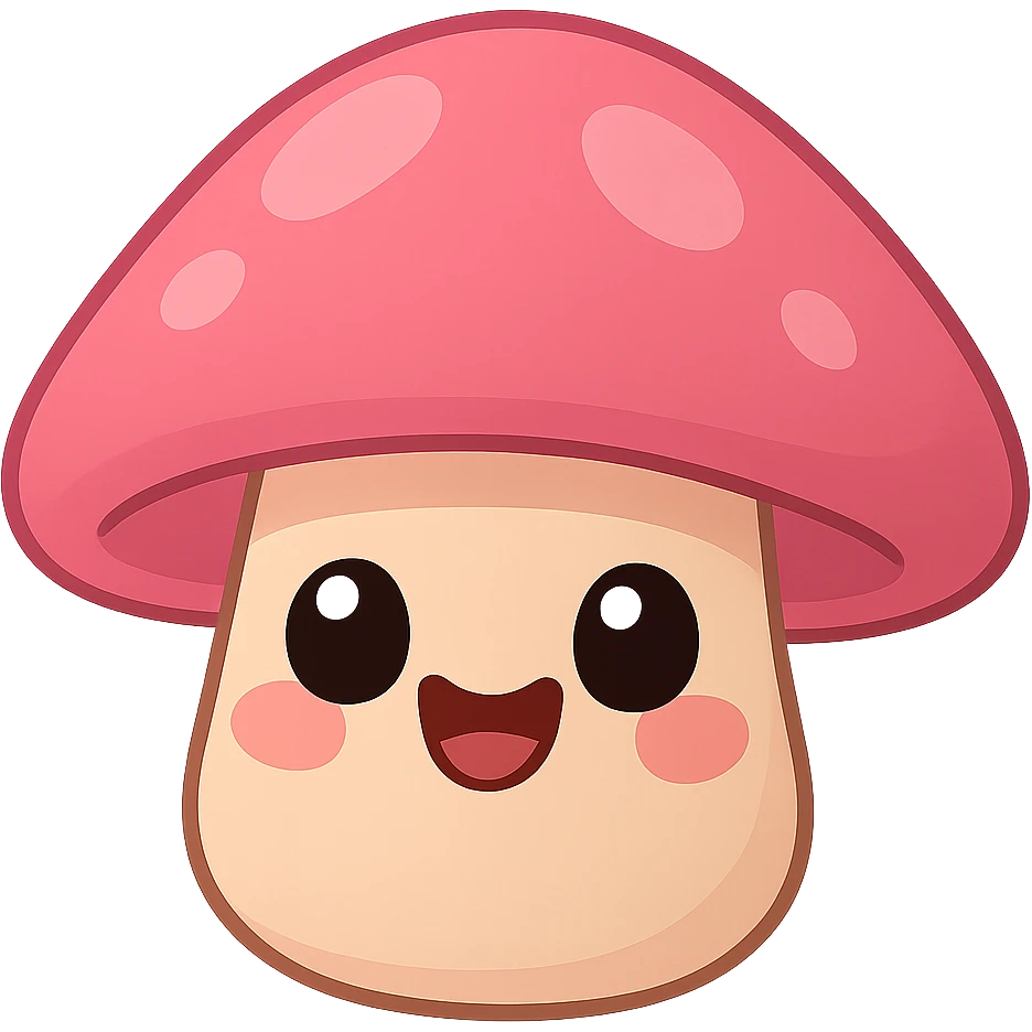 a cute pink mushroom, original design, big eyes, blushing cheeks, joyful emoji