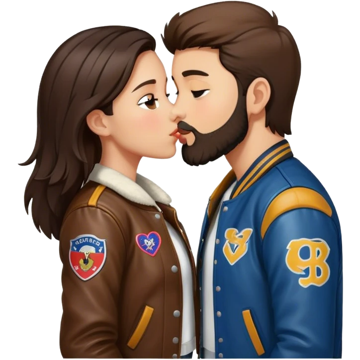 A brunette girl with a letterman jacket kissing a brunette boy with a beard and leather jacket  emoji
