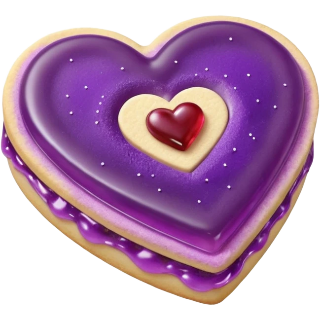 Realistic shortbread cookie in the shape of a heart with purple pastel jelly middle filling and sprinkled powder sugar on top. emoji