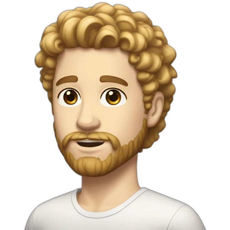 White boy, white skin, brown eyes, curly and blonde hair on the top and short on the sides, and beard emoji