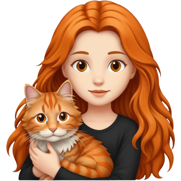 A long-haired girl holding a long haired tabby emoji