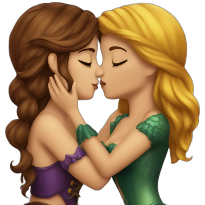 Brown haired mermaid and woman pirate kissing emoji