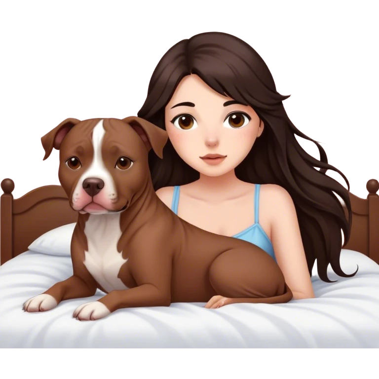 A pretty girl with long dark hair feathered   cascading down her face sits on the bed with her brown pit bull  laying beside of her heart is flying all around emoji