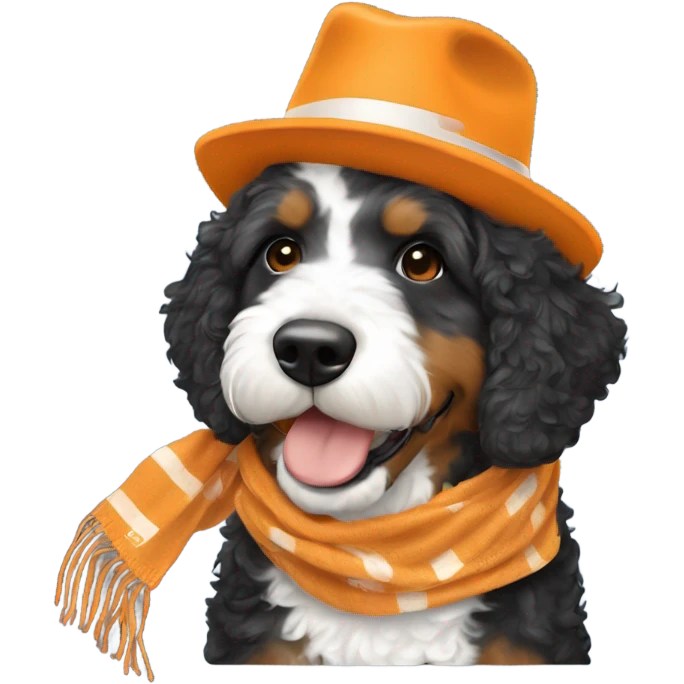 Bernedoodle with University of tennessee hat and scarf emoji