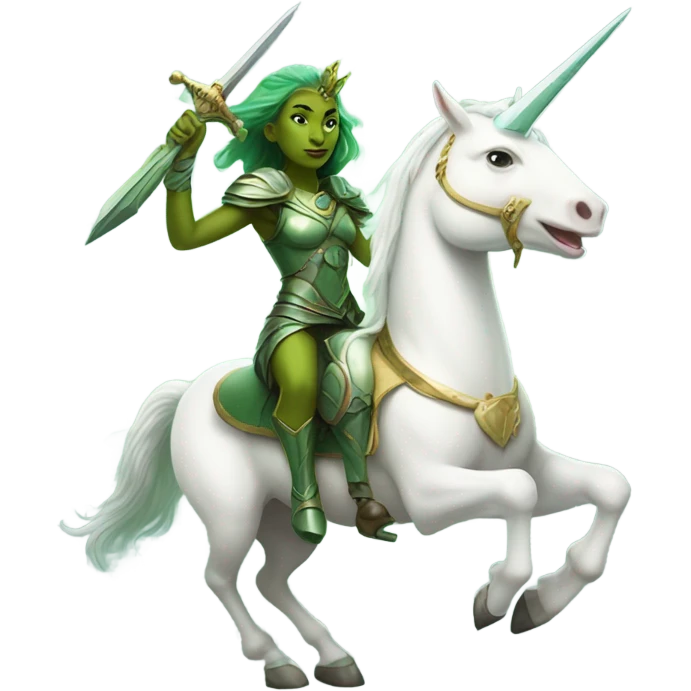 a green Amazon alien woman on a white unicorn holding a sword and shield emoji
