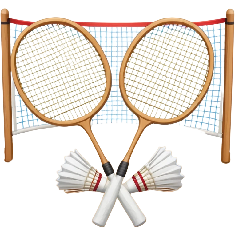 Two crossed badminton rackets with a shuttlecock resting in between, set against the faint outline of a badminton court. The image highlights the tools of the sport, with a subtle emphasis on the court's net and boundaries, symbolizing competition and skill. emoji