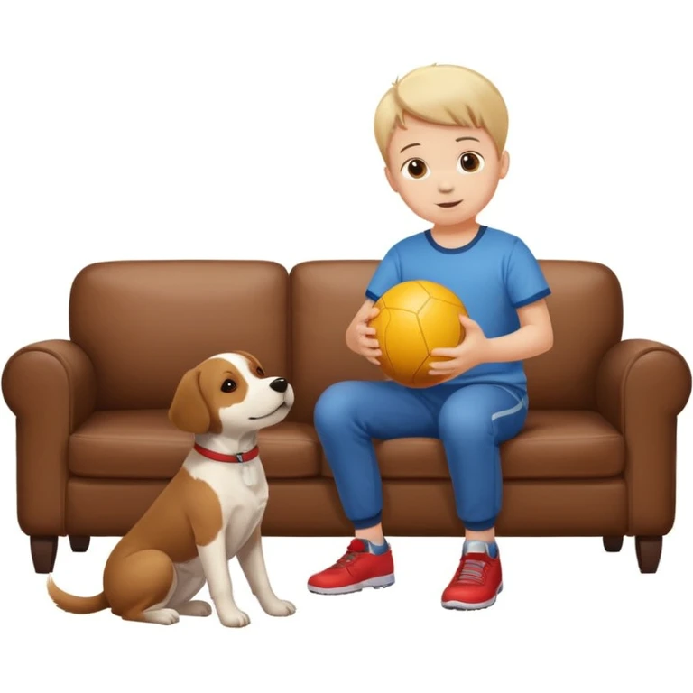 kid and dog playing with ball, living room background emoji