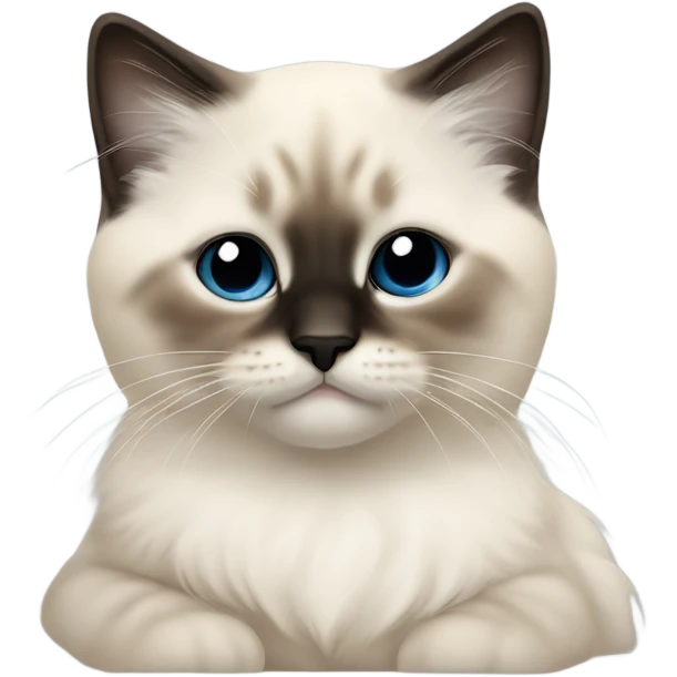 an entire birman kitten, small face, some spots of dark on the ears and middle of the face, laying down relaxed on a shoulder. emoji