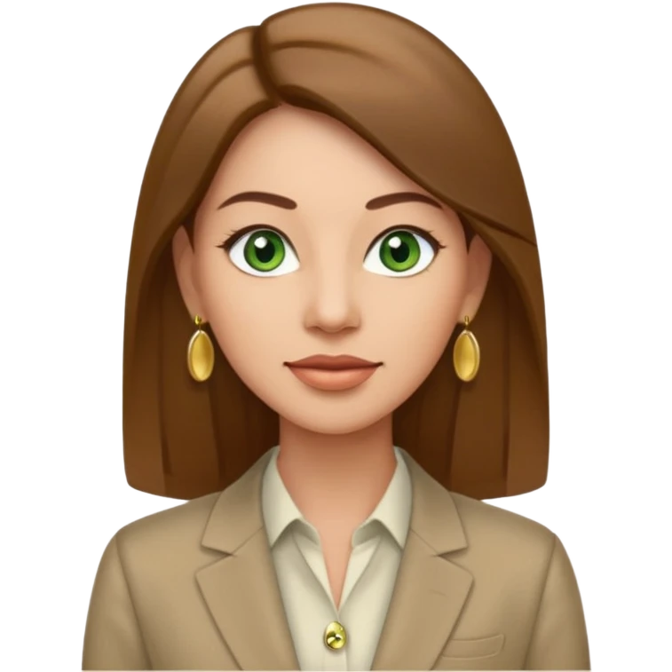 Adult woman avatar, light skin tone, oval face, straight long brown hair, green eyes, neutral mouth, business casual  emoji