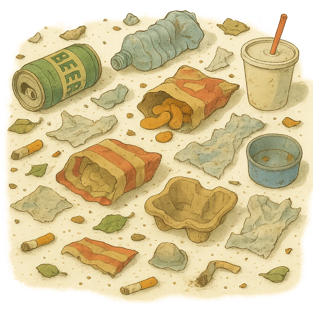 Make the trash on the floor look much messier, with more scattered items, in a ghibli style, no background. emoji