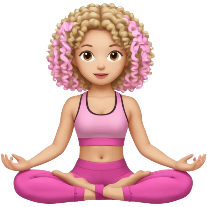 Quero uma menina de roupa de malhar rosa do cabelo cacheado sentada como tivesse fazendo yoga emoji