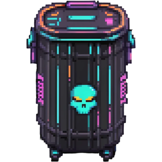 32x32 cyberpunk trash bin icon with futuristic neon elements, retro computer style emoji